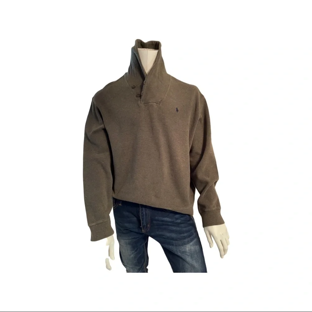 Ralph Lauren Polo Men olive Shawl two button neck sweater. Ribbed -Size XL